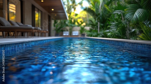 Luxury pool with blue tiles and tropical greenery in the background.