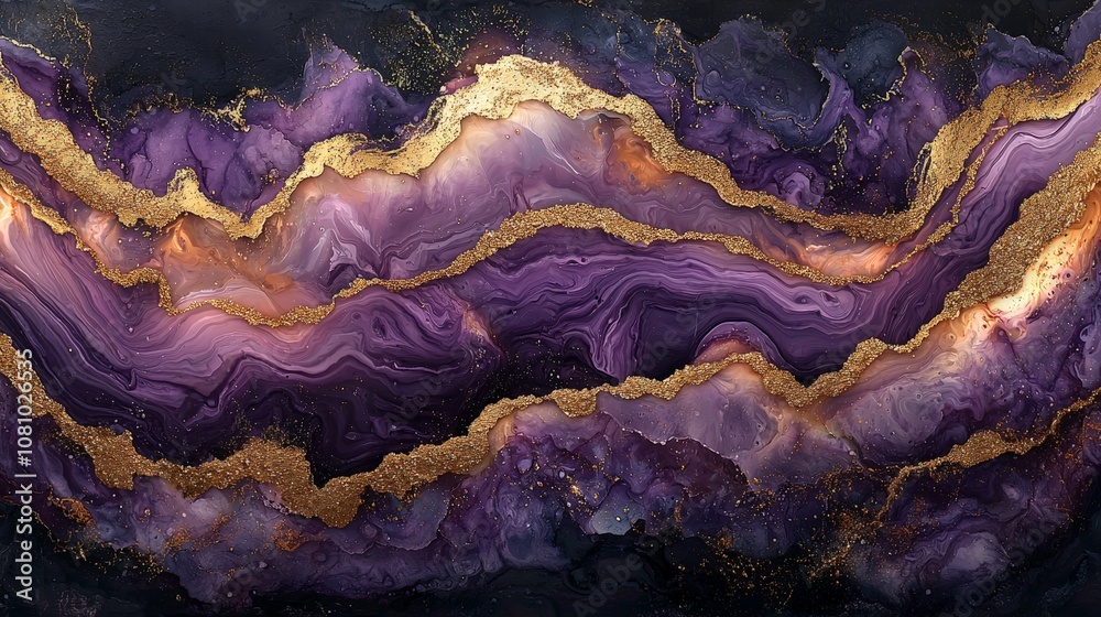Abstract artwork featuring purple and gold fluid patterns resembling natural agate formations. Abstract artwork featuring purple and gold fluid patterns resembling natural agate formations.