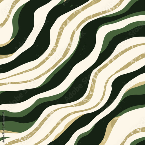 Hand-drawn snake skin pattern in smooth flowing lines, dark green and cream, trendy pattern for wallpaper, textile design, poster, card, vector illustration.