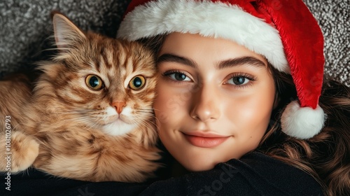 Woman wearing a black t shirt, and a santa hat, holding a cat with christmas background