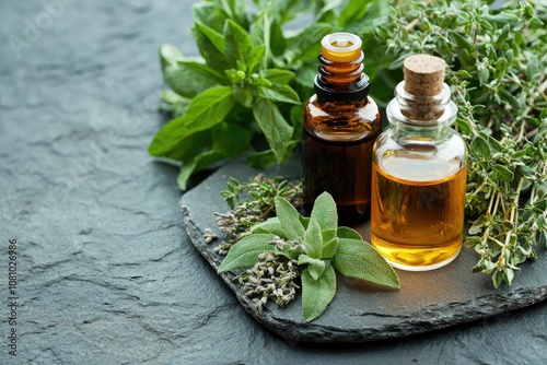 healing reflections , Moments of stillness concept Two bottles of essential oils sit on a slate plate, surrounded by fresh herbs like thyme and mint, creating a natural and aromatic setting.