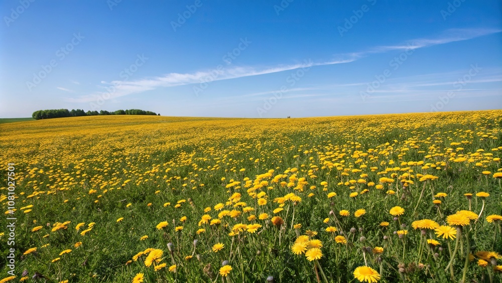 Field of Golden Dandelions Under Blue Sky, blue sky, sunny day, yellow blooms, nature, wildflowers Field of Golden Dandelions Under Blue Sky, blue sky, sunny day, yellow blooms, nature, wildflowers