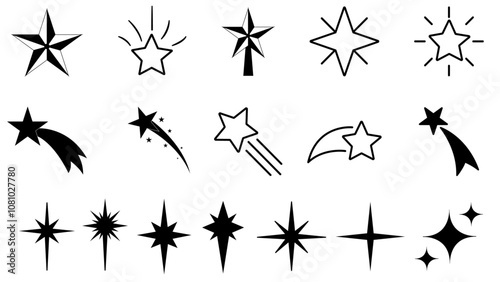 Set of stars, christmas stars, set of christmas star, black and white, star, shooting star, religious star, star icons, black icons
