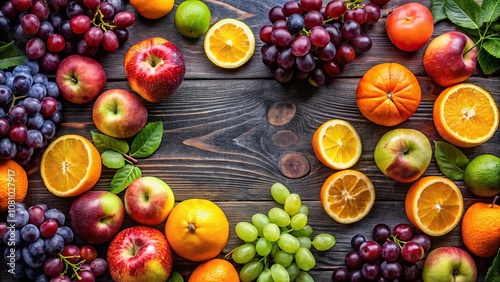 Flat lay of various fruits such as oranges, apples, grapes on a table surface, healthy eating, snack, fruits