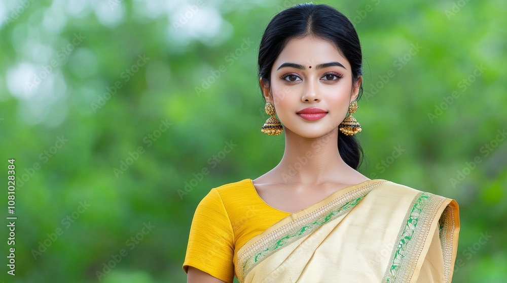 She exhibits grace and tradition with striking makeup and elaborate jewelry, against a textured wall that enhances the aesthetic appeal. She exhibits grace and tradition with striking makeup and elaborate jewelry, against a textured wall that enhances the aesthetic appeal.