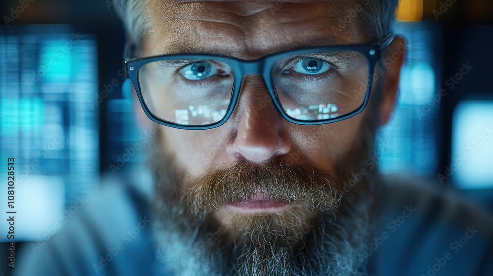 A portrait of a serious man with a gray beard, wearing glasses, set against a background of diffuse light and shadows, emphasizing his intense expression. A portrait of a serious man with a gray beard, wearing glasses, set against a background of diffuse light and shadows, emphasizing his intense expression.