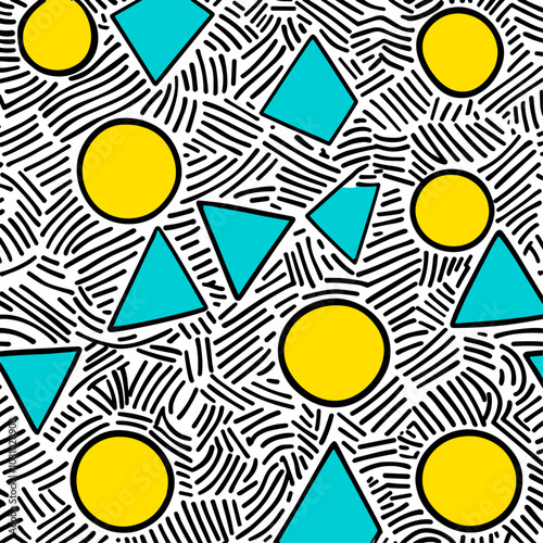 Pop culture hand-illustrated trendy pattern with bold black lines, yellow swirls, magenta dots on white, vector illustration, graphic design, wallpaper. photo