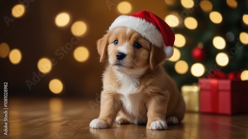 Obraz na płótnie Cute red puppy in a red Santa hat against the background of a Christmas tree with golden bokeh w salonie