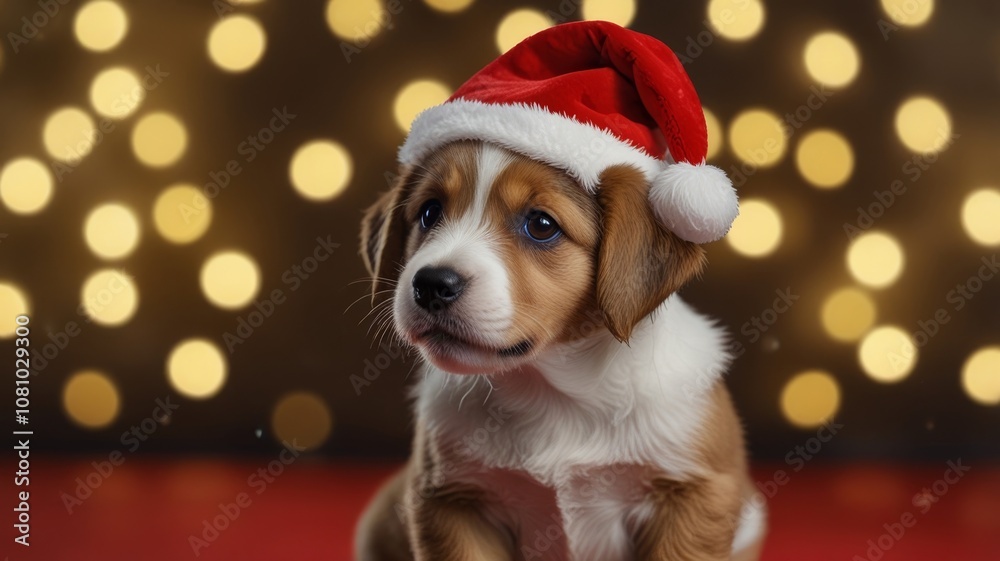 Cute red puppy in a red Santa hat against the background of a Christmas tree with golden bokeh