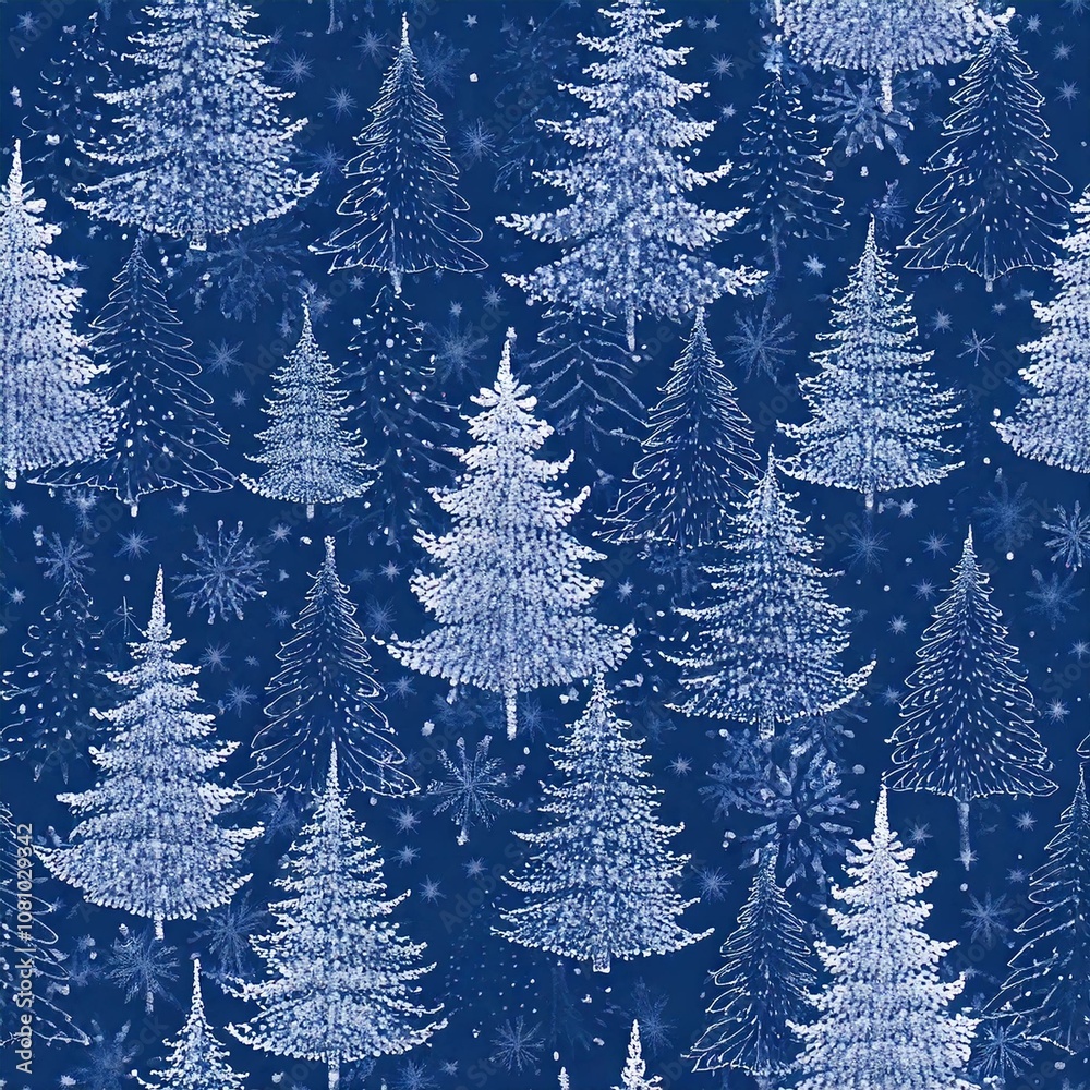 Obraz premium Christmas. Winter background. Winter Forest background. Pine, spruce, christmas tree. Snowy graphic trees seamless pattern panorama view. hand drawing illustrations