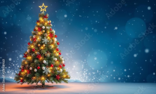 Christmas tree, ornaments, lights, star topper, snowy background, magical glow, bokeh effect, night sky, festive atmosphere, holiday spirit, colorful decorations, winter wonderland, sparkling, cozy, w