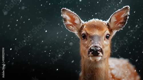 A cute, young deer fawn is captured up close, its small nose dusted with snowflakes, creating a heartwarming depiction of innocence and winter in nature. photo