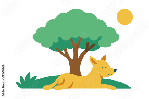 Design a t-shirt sticker featuring a relaxed dog lounging under a shaded tree, soaking up the sun. white background