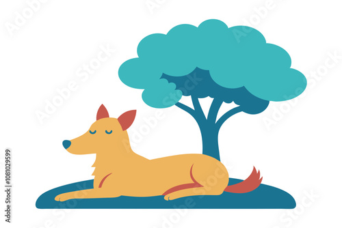 Design a t-shirt sticker featuring a relaxed dog lounging under a shaded tree, soaking up the sun. white background