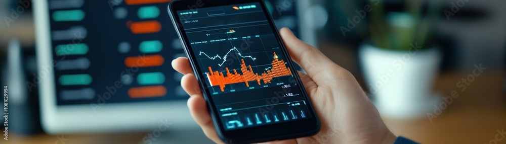 A person holding a smartphone displaying stock market data with graphs and indicators, set in a modern office environment