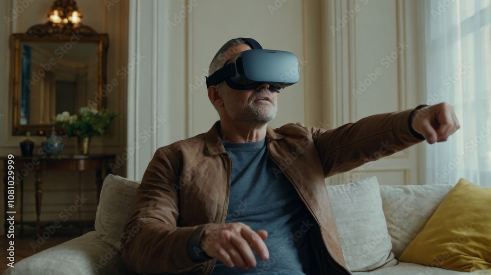 Man wearing VR virtual reality glasses playing on sofa in room