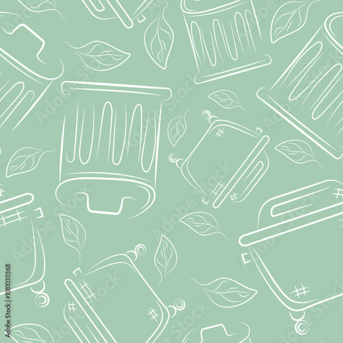 seamless pattern of icons of various street garbage cans on a green background drawn in line art style, to fight against environmental pollution day	