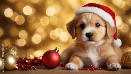 Obraz na płótnie Cute red puppy in a red Santa hat against the background of a Christmas tree with golden bokeh w salonie