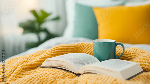 cozy reading nook with book and mug on yellow blanket