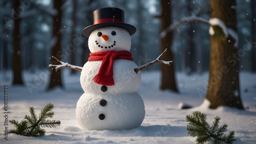 Merry christmas and happy new year greeting card with copy-space.Happy snowman standing in winter christmas landscape.Snow background