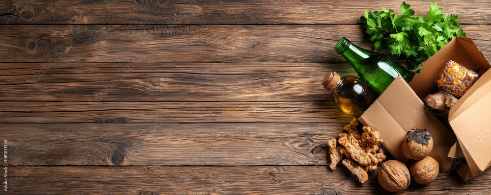 Rustic wooden background with assorted natural food items, including oil, parsley, and walnuts, with copy space Rustic wooden background with assorted natural food items, including oil, parsley, and walnuts, with copy space
