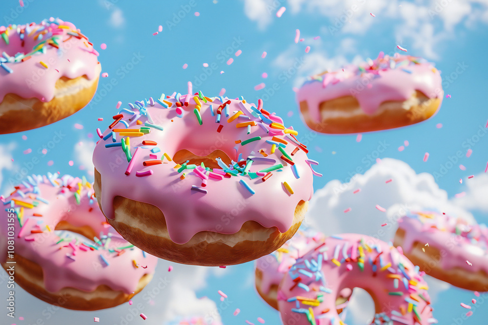 Donuts with Colorful Sprinkles and Sweet Glaze on a Wooden Background, Delicious Bakery Treats Donuts with Colorful Sprinkles and Sweet Glaze on a Wooden Background, Delicious Bakery Treats