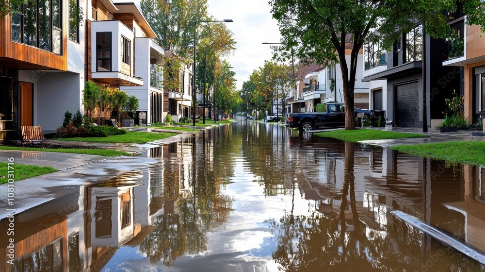 Flooded residential street with reflections of houses and trees. Natural disaster and urban flooding concept Flooded residential street with reflections of houses and trees. Natural disaster and urban flooding concept