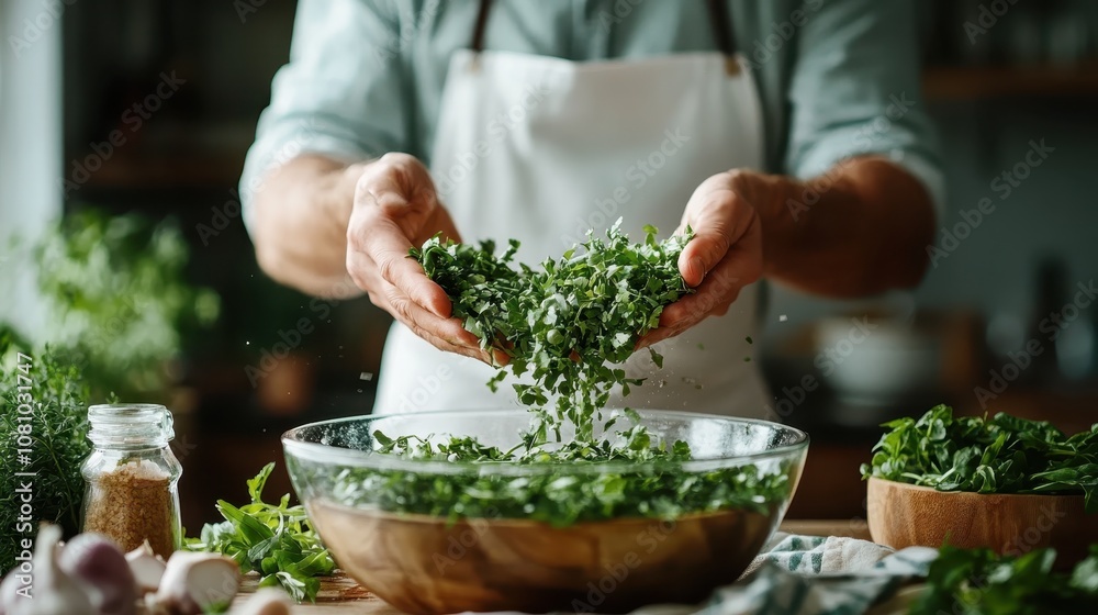 A person skillfully tosses fresh greens in a large bowl, highlighting the joy and simplicity of preparing wholesome dishes in a homely kitchen. A person skillfully tosses fresh greens in a large bowl, highlighting the joy and simplicity of preparing wholesome dishes in a homely kitchen.