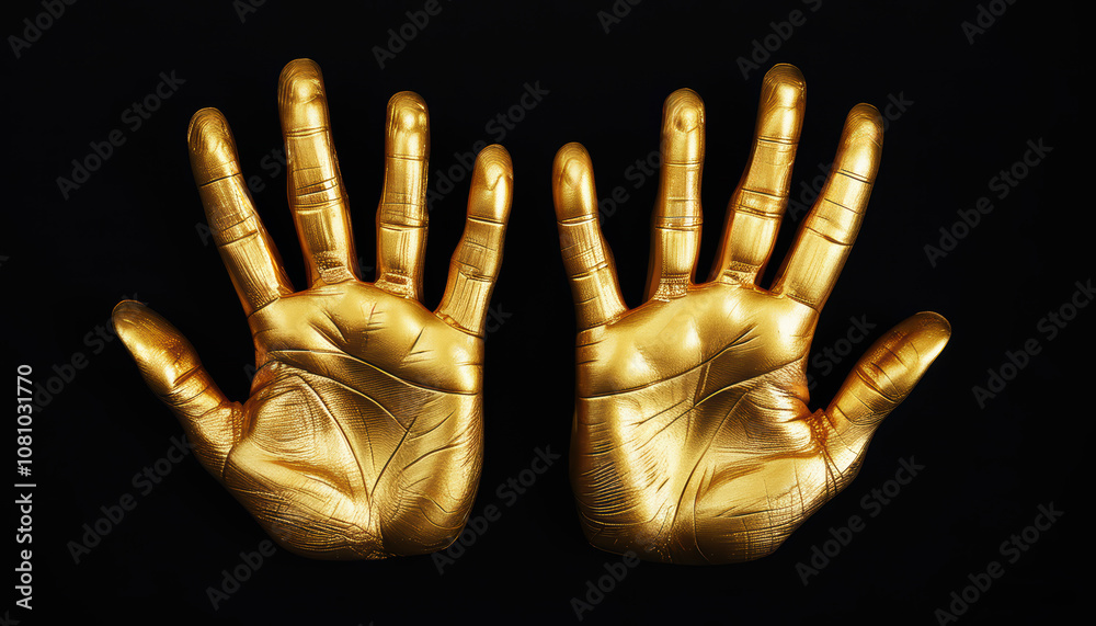 Casts of two hands in gold on a black background. Casts of two hands in gold on a black background.