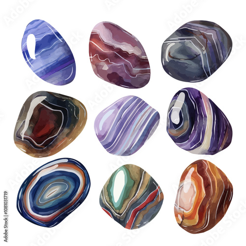 A watercolor of a set of agate stones, isolated on a white background. Agate stones vector.