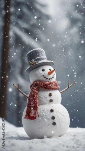 Obraz na płótnie Merry christmas and happy new year greeting card with copy-space.Happy snowman standing in winter christmas landscape.Snow background w salonie