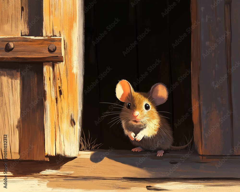 Obraz premium Tiny Curious Mouse Sneaking in Old Wooden Barn, Cute and Sneaky Wildlife Scene