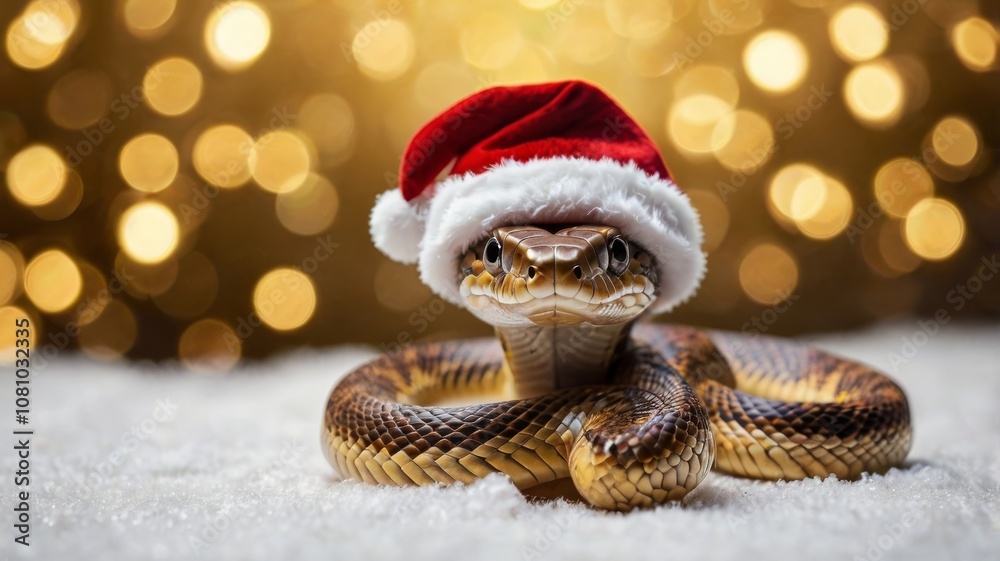 Snake wearing a red Christmas hat against a golden Christmas bokeh background