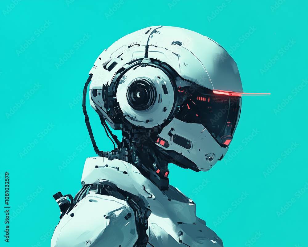 Winsome Cyberpunk Robot Coordinator on a Turquoise Background
