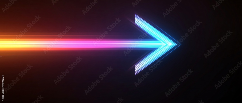 Fast-moving neon arrow with colorful trail symbolizes speed, progress, and forward motion to the right side Fast-moving neon arrow with colorful trail symbolizes speed, progress, and forward motion to the right side