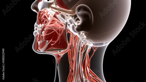 Illuminated 3D illustration of human head and neck anatomy showcasing intricate network of muscles, tendons, and ligaments in precise anatomical detail. photo