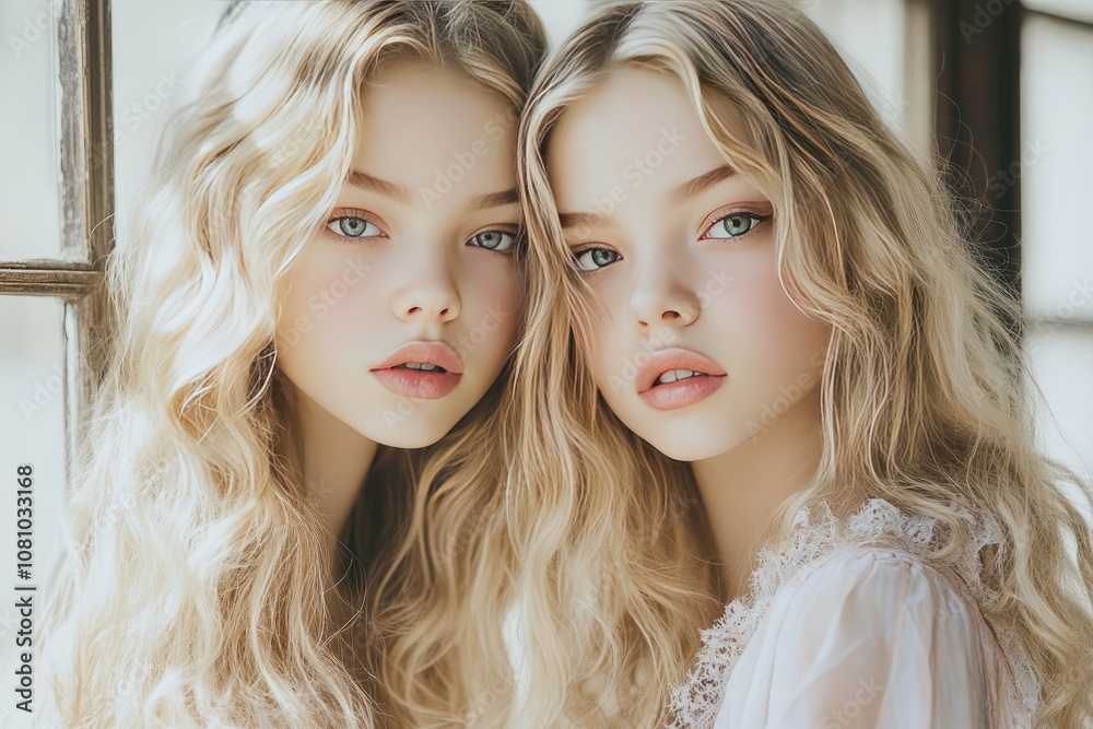 Two blonde twins on a light background. Two blonde twins on a light background.