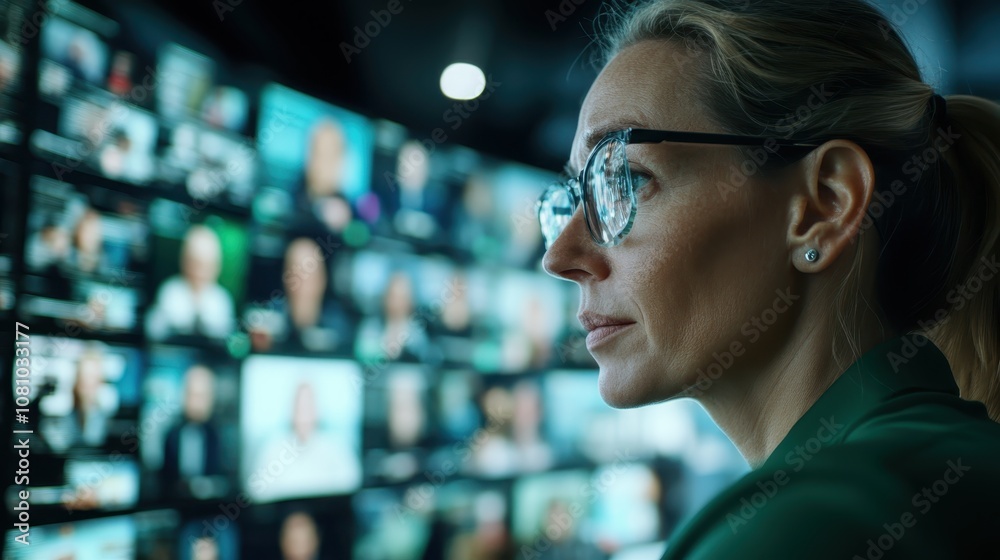 A poised woman carefully examines an array of screens filled with data, capturing the essence of strategic oversight in a technology-driven work environment. A poised woman carefully examines an array of screens filled with data, capturing the essence of strategic oversight in a technology-driven work environment.