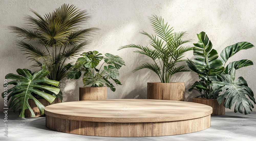 A wooden platform sits in front of a wall with various potted plants, creating a natural and minimalist scene A wooden platform sits in front of a wall with various potted plants, creating a natural and minimalist scene