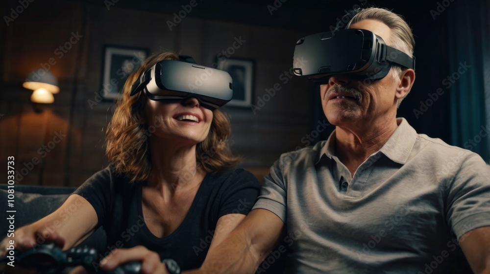 A couple of elderly grandparents wear virtual reality glasses. gray-bearded grandfather husband and grandmother wife playing a video game in the living room.