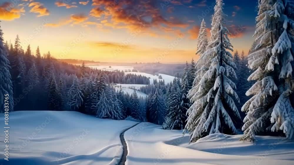 Winter snowy coniferous forest fairy landscape at sunny day background. Happy New Year or Christmas greeting card. Banner. Winter snowy coniferous forest fairy landscape at sunny day background. Happy New Year or Christmas greeting card. Banner.