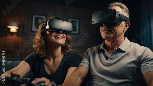 Obraz na płótnie A couple of elderly grandparents wear virtual reality glasses. gray-bearded grandfather husband and grandmother wife playing a video game in the living room. w salonie