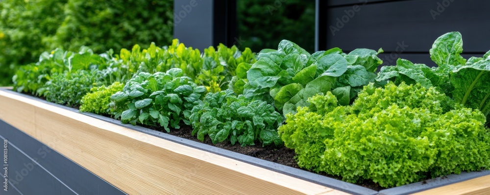 Raised garden bed with fresh green herbs and vegetables Raised garden bed with fresh green herbs and vegetables