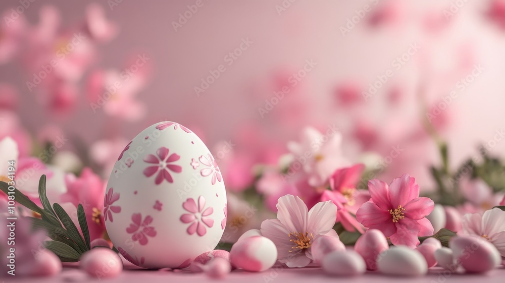 Decorative egg and pink flowers on soft background, representing spring Easter theme Decorative egg and pink flowers on soft background, representing spring Easter theme