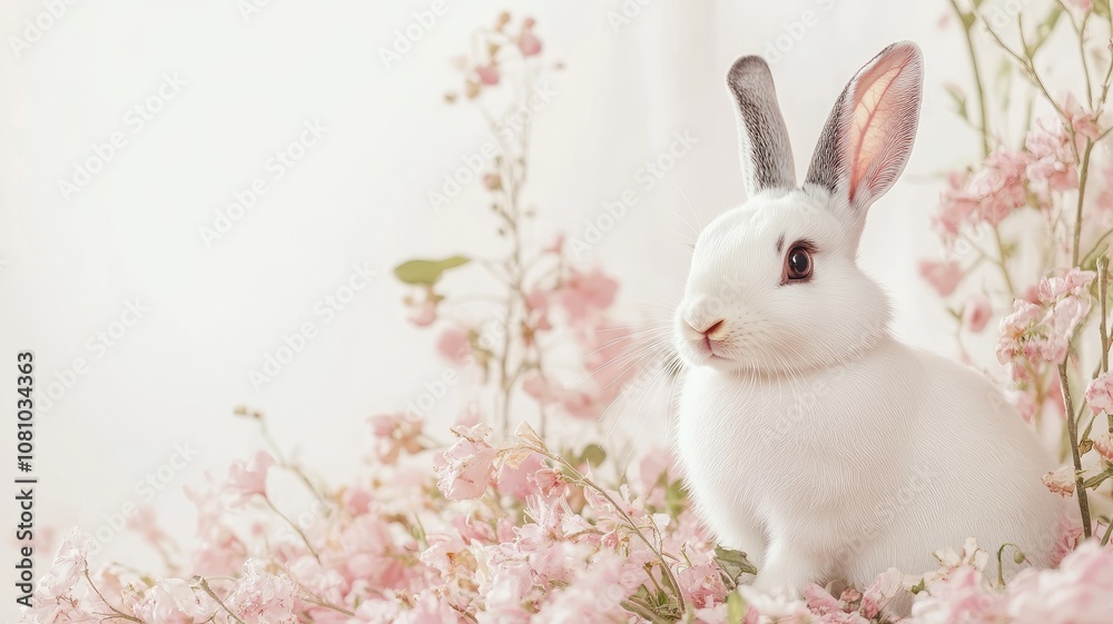 White rabbit with grey ears sitting amongst pink flowers White rabbit with grey ears sitting amongst pink flowers