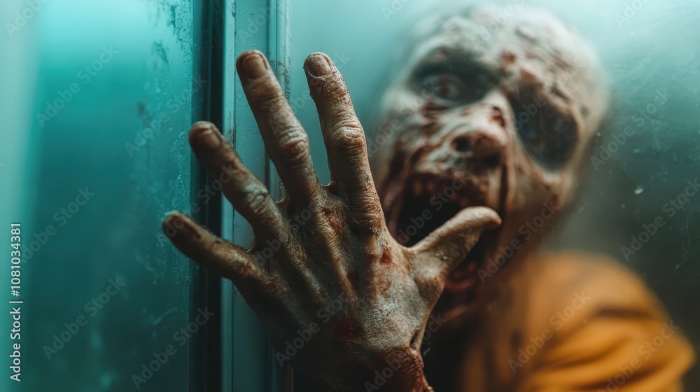 A scary and horrifying zombie is reaching out desperately through a glass window, with decaying skin and an intense expression, evoking fear and tension. A scary and horrifying zombie is reaching out desperately through a glass window, with decaying skin and an intense expression, evoking fear and tension.