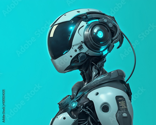 Winsome Cyberpunk Robot Coordinator on a Turquoise Background, Striking Futuristic Design