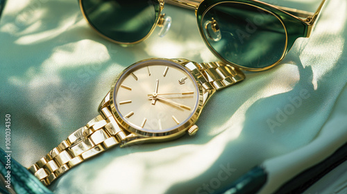 Luxury Gold Watch and Sunglasses on Silky Fabric - Elegant Fashion Accessories photo