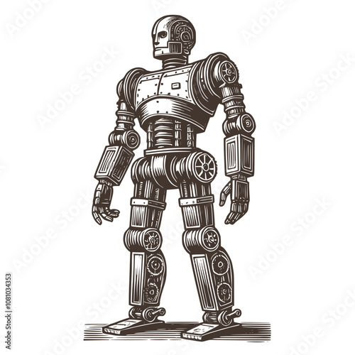 Vintage Robot Vector Illustration in Engraving Style Featuring Retro Futuristic Design with Mechanical Details