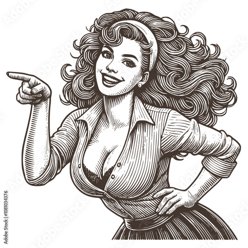 Smiling Retro Pin-Up Girl Vector Illustration in Vintage Engraving Style with Curly Hair and Pointing Gesture